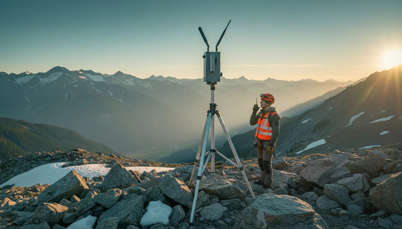 The Basecamp node deployed as a mesh relay on a mast on an alpine ridge, a responder on the radio beside it.