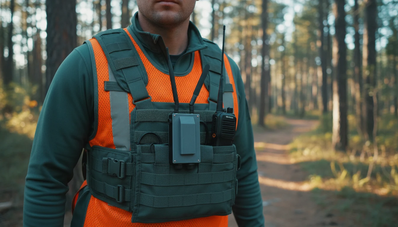 A search-and-rescue responder wearing the Patrol node on their chest rig, twin antennas up, on a forest trail.