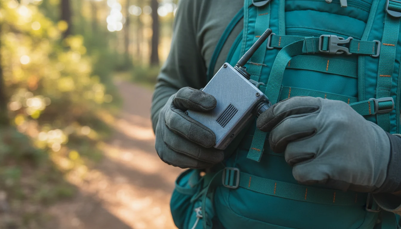 A responder's gloved hands holding the compact Scout node before clipping it to a pack strap on a forest trail.