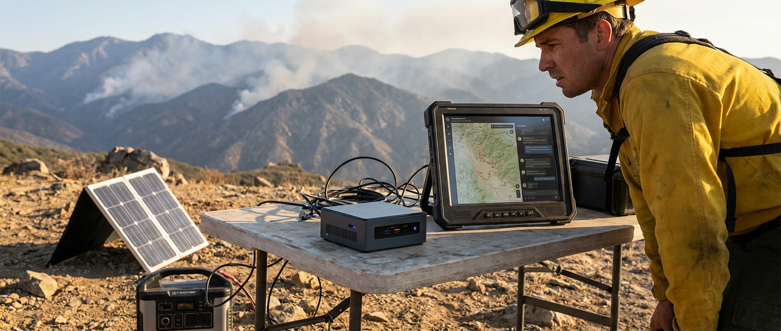 A small compact mini-PC sitting on a folding camp table at a remote field operations site, plugged into a portable solar panel and battery, connected to a rugged tablet displaying a TAK map. A wildland firefighter in yellow Nomex consulting the tablet, with distant wildfire smoke and mountain terrain in the background