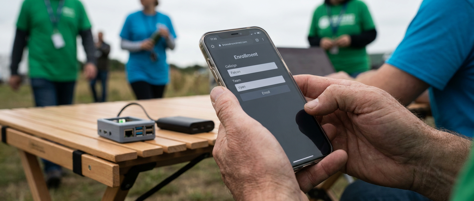Close-up of a volunteer's hands holding a smartphone, the screen showing a chatTAK browser-based enrollment form with callsign and team fields, a palm-sized appliance in a 3D-printed case visible on a folding table in the background