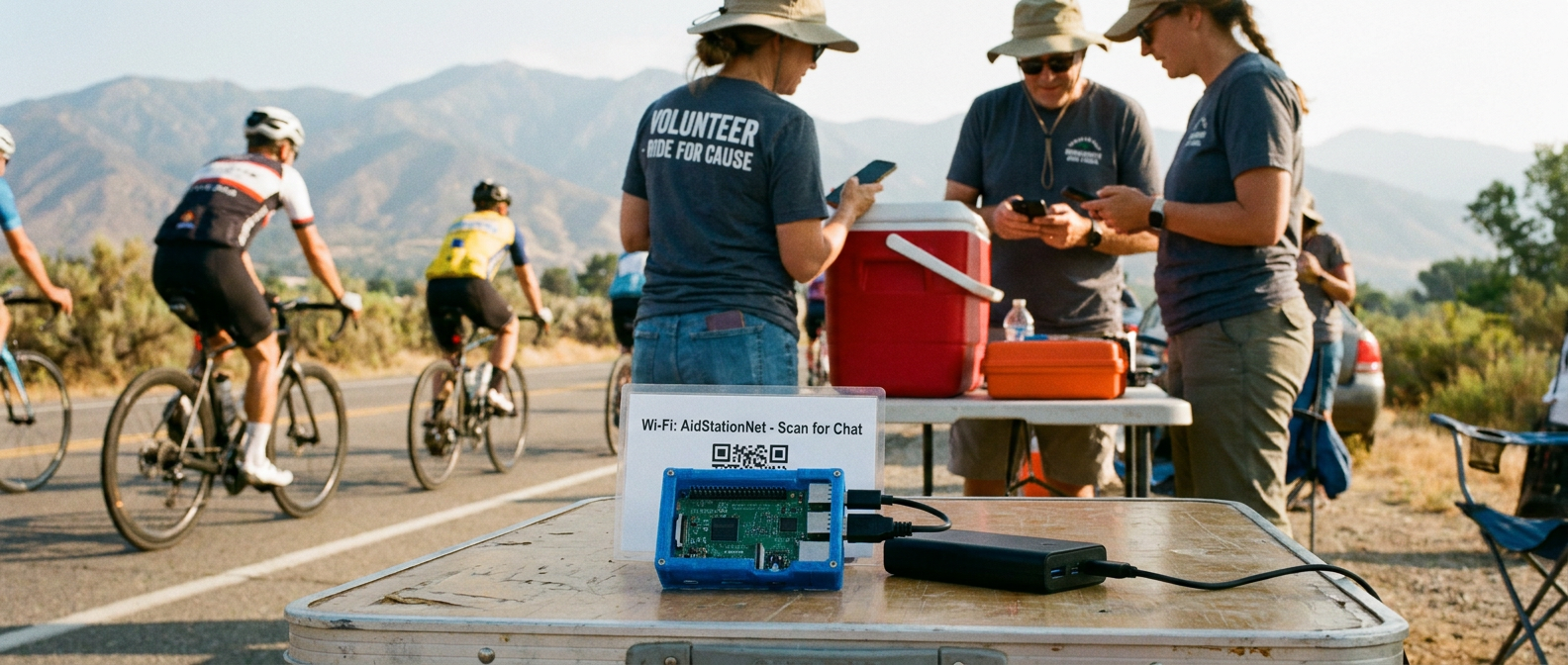 chatTAK at a volunteer aid station — palm-sized appliance on a folding table, volunteers in event t-shirts on their phones connected to chatTAK's Wi-Fi, bike riders passing in foreground