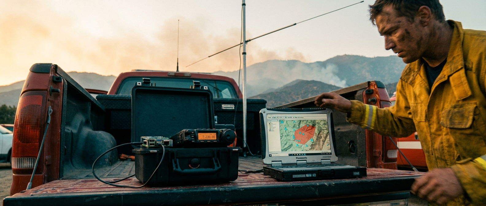 digiTAK in the field — appliance-based gateway on the tailgate of a fire-response truck with VHF/HF radio and antenna mast, firefighter at a rugged laptop showing TAK map with fire perimeter, San Gabriel Mountains in the background