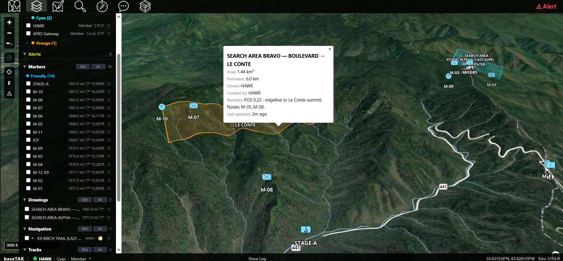 A baseTAK 3D oblique view of a Great Smoky Mountains SAR sweep — Meshtastic LoRa nodes deployed along the Boulevard and Le Conte ridgelines, search-area polygons drawn over the terrain, a callout open for SEARCH AREA BRAVO with mesh node IDs M-05 through M-08, and a left rail listing the green friendly mesh contacts and orange neutral SAR drawings