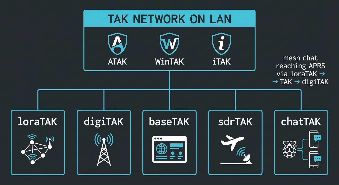 Technical schematic in dark mode showing the TAK network on LAN at top with ATAK, WinTAK, and iTAK icons, and five xTAK product cards arranged in a row below: loraTAK, digiTAK, baseTAK, sdrTAK, and chatTAK — each connected to the shared network bar