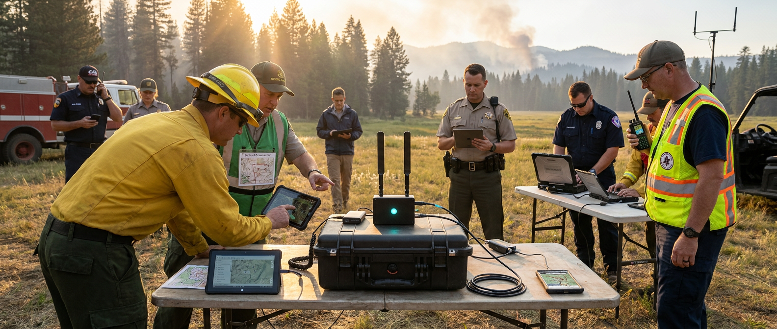A multi-agency wildland-fire forward operating site at golden hour, with a single appliance-based netTAK appliance in an open Pelican case at center on a folding camp table; about ten public-safety operators on different devices arranged across the scene; a fire engine and antenna mast visible at the edges and a smoke column on the ridgeline