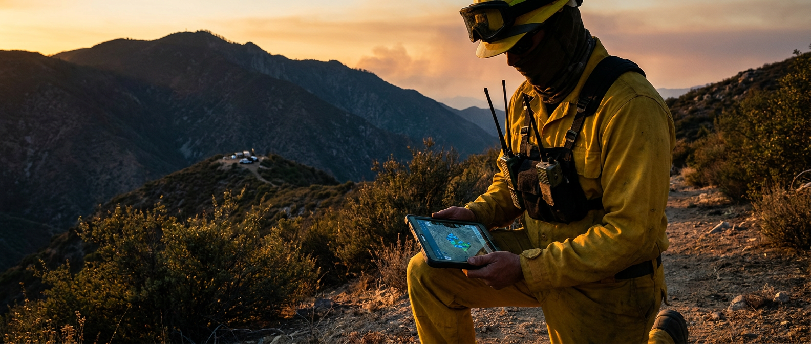 netTAK at a forward operating site — a wildland firefighter alone on a mountain ridge consulting a rugged tablet, distant wildfire smoke and mountain ranges at golden hour