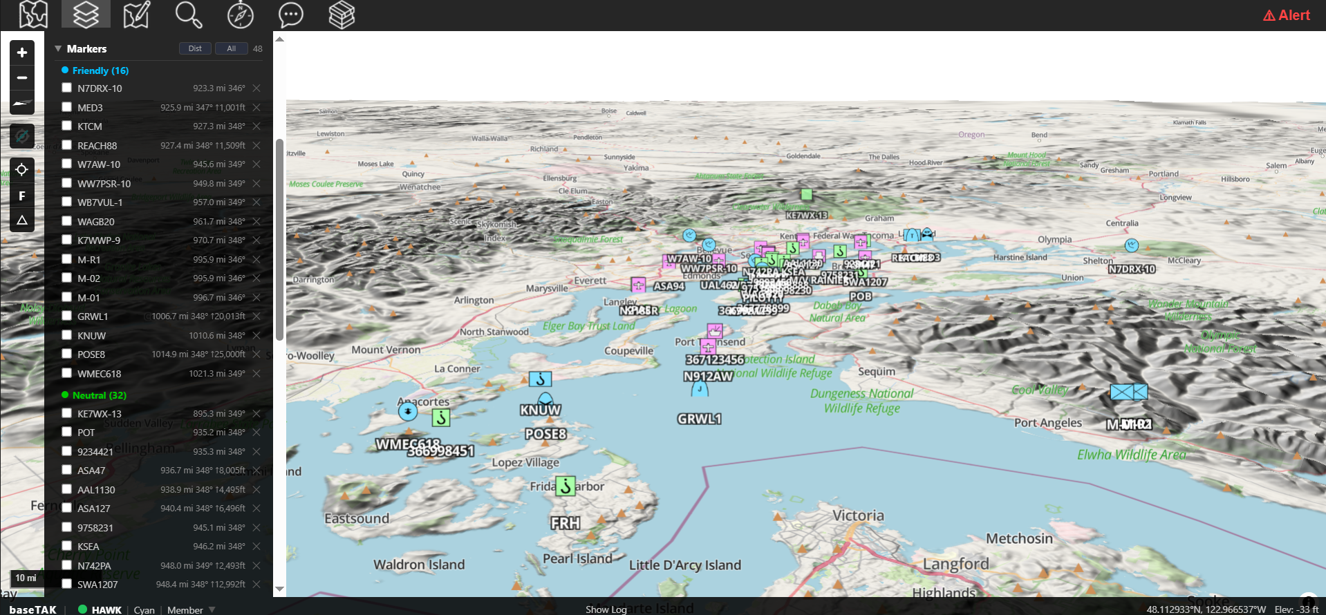 A baseTAK 3D oblique view of Puget Sound combining four xTAK feeds on a single map: sdrTAK ADS-B aircraft and AIS vessels, digiTAK APRS stations, and loraTAK Meshtastic nodes, with a left rail grouping the contacts by Friendly and Neutral affiliation